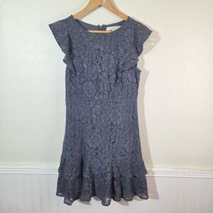 LOFT Purple Floral Lace Ruffle Short Sleeve Dress Womens 8 Medium